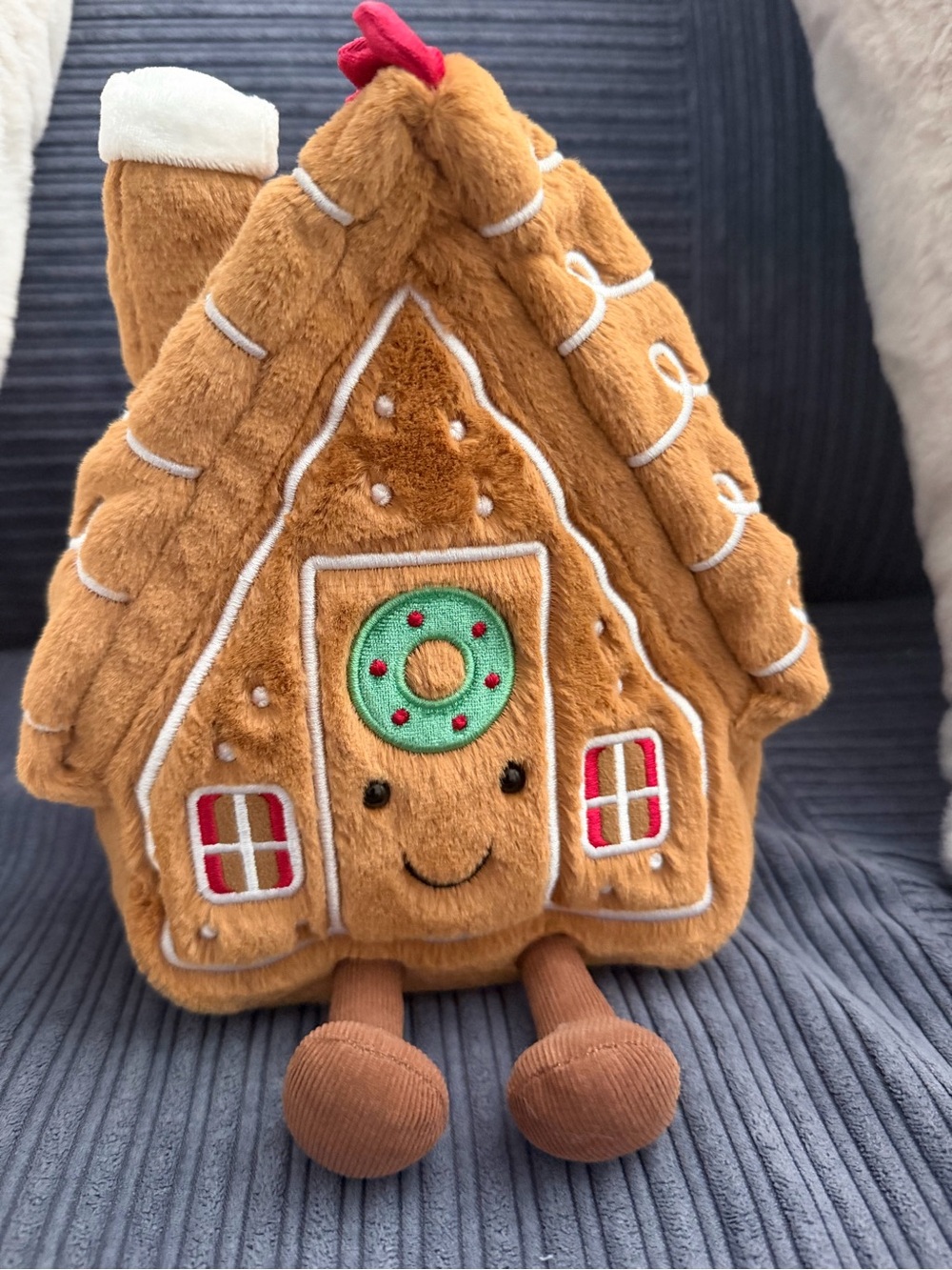 Jellycat Brown Gingerbread House Plush with Green Wreath and Red Accents-